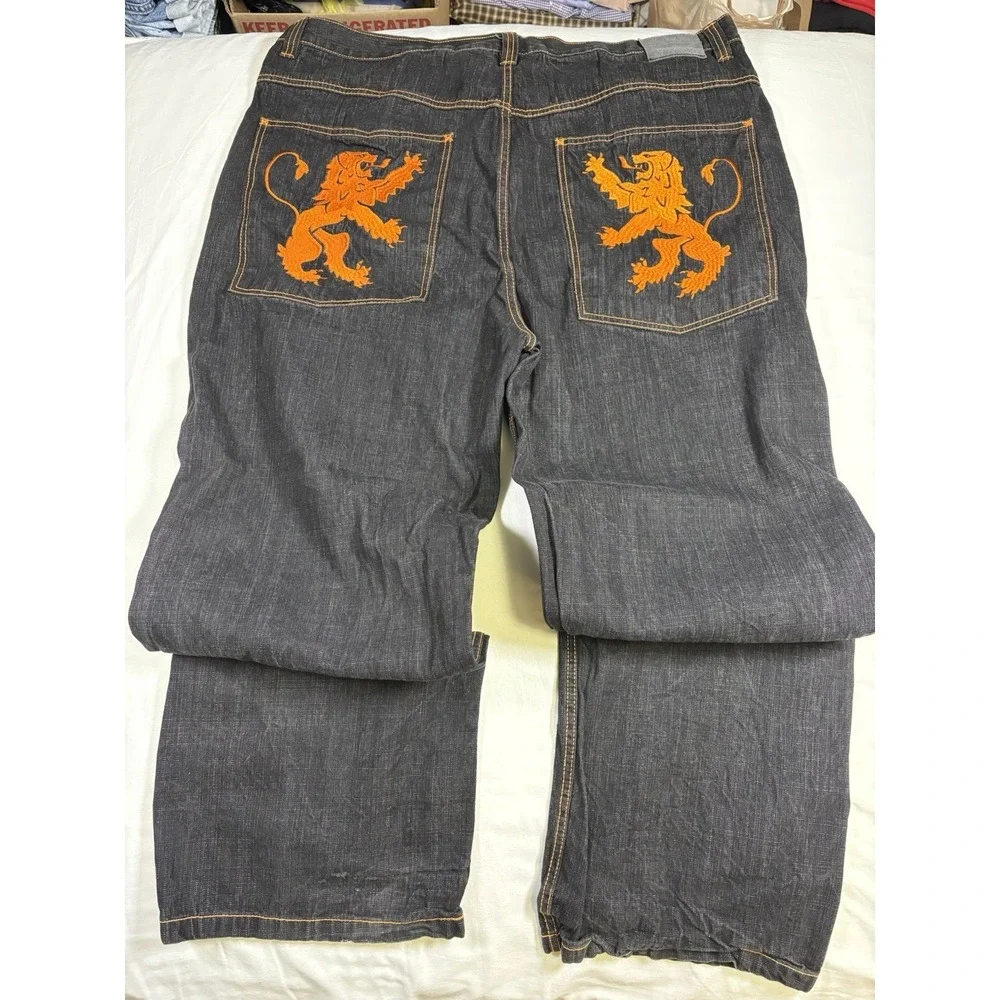 Vintage Y2K ESMX Jeans Mens 48x33 Baggy Wide Leg Embroidered Orange Lion Pocket